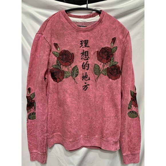 Blind Rooster Womens Sweatshirt Small Pink Embroidered Red Roses Chinese Letters - Picture 1 of 10